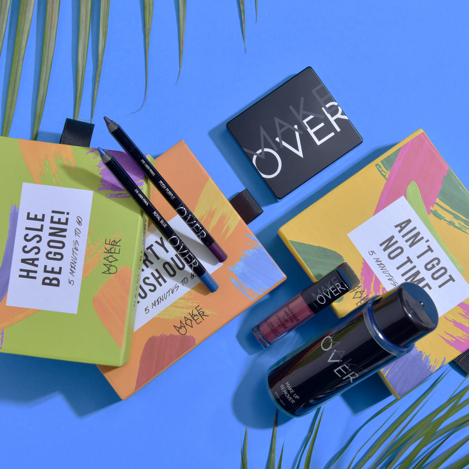 Products Photography of Make Over Cosmetic Products on Blue Surface